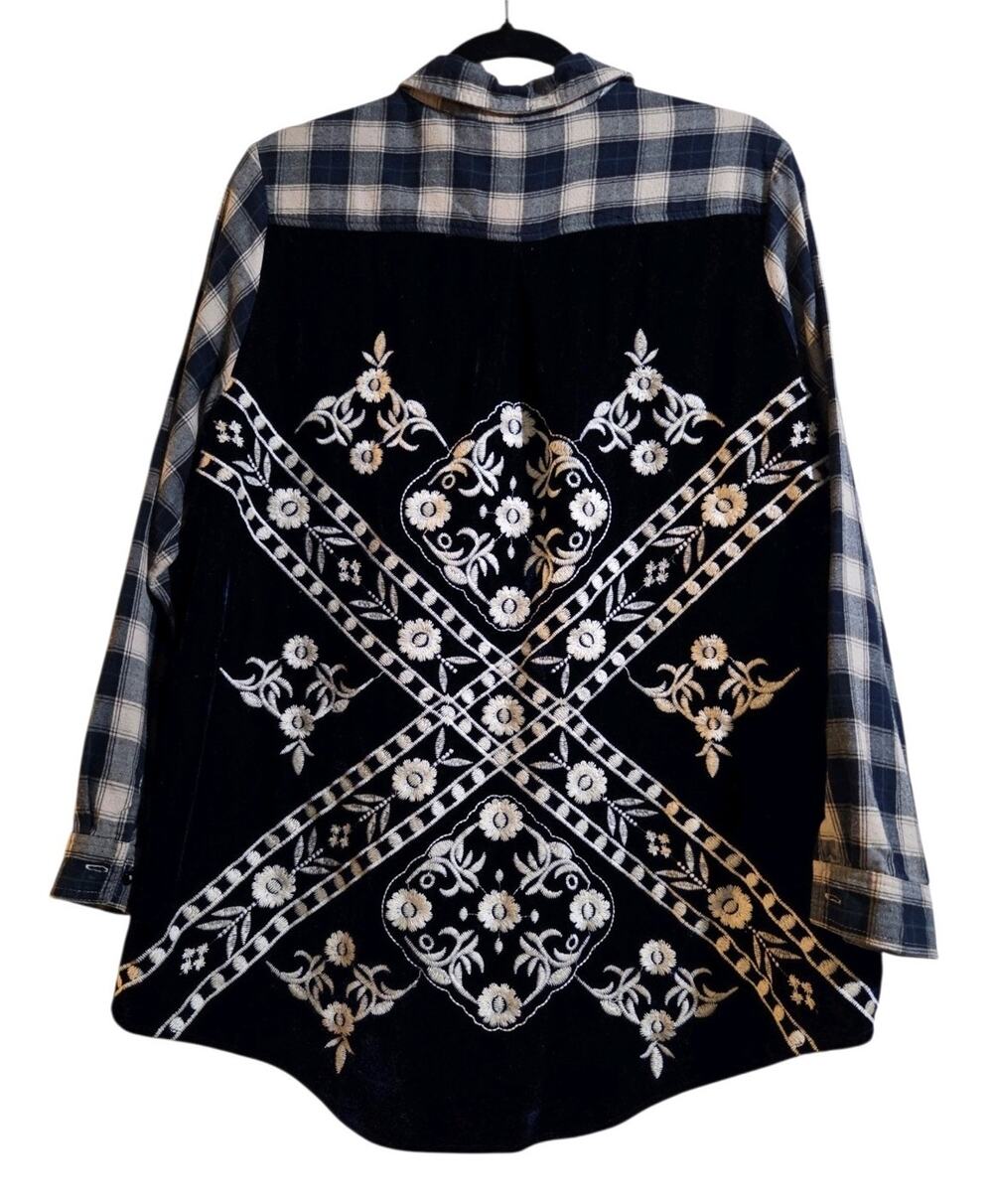 Soft Surroundings Women Top XL Kamala Plaid Floral Embroidered Velvet Boho Fairy